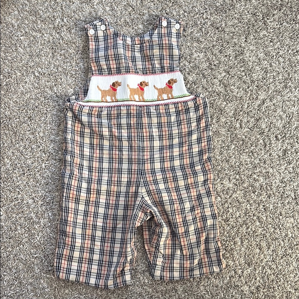 Plaid Baby Hand Smocked Overalls Pants with Dog Sz 9 mo